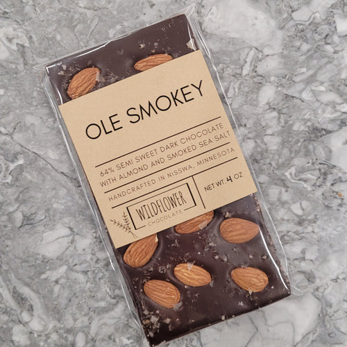 64% Semi Sweet, Smoked Sea Salt, Almond - Ole Smokey Bar